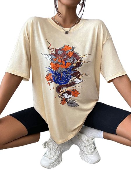 

drop shoulder chinese dragon graphic tee w2md#, White