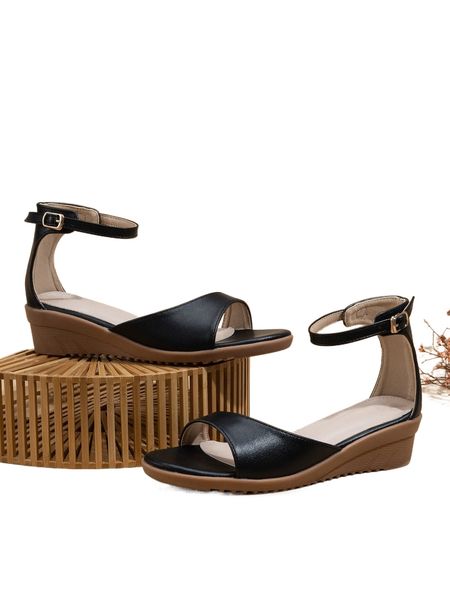 

buckle decor ankle strap wedge sandals 01cy#, Black;white