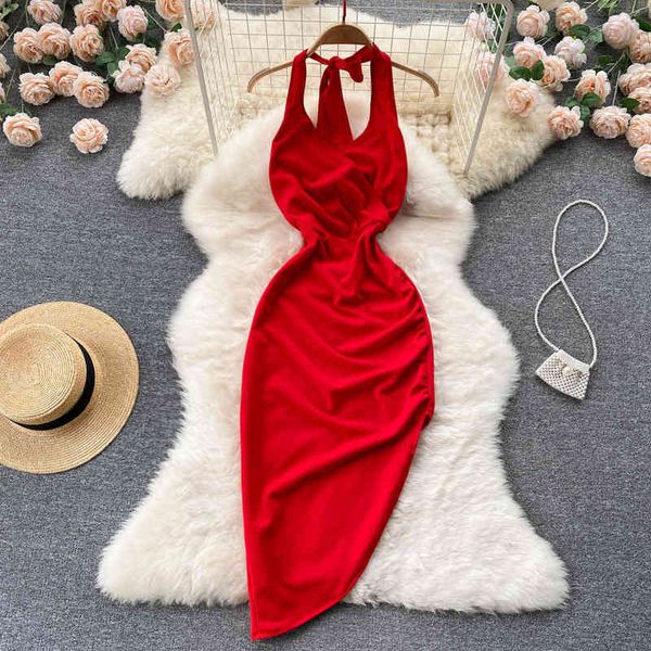 

casual dresses celebrity temperament v-neck hanging neck dress open back pleated waist slim irregular hip wrap skirt woman wfwa, Black;gray