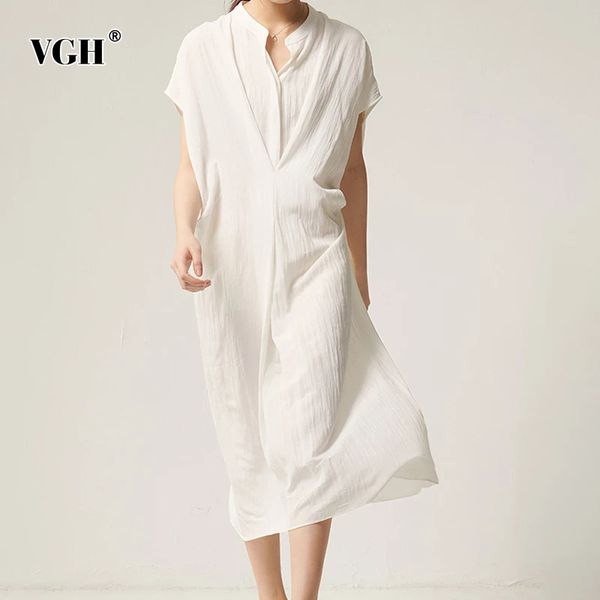 

loose solid dress for women v neck short sleeve casual minimalist midi dresses female fashionable clothing stylish 210507, Black;gray