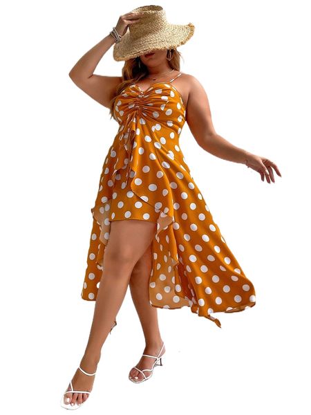 

plus polka dot drawstring front high low hem dress r8xu#, Black