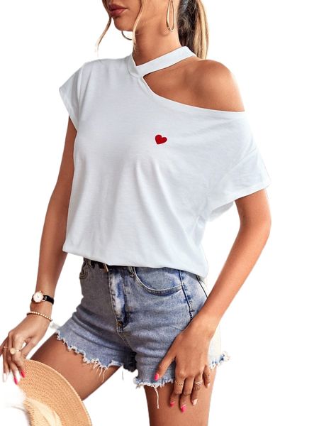 

heart print asymmetrical neck tee d8ks#, White