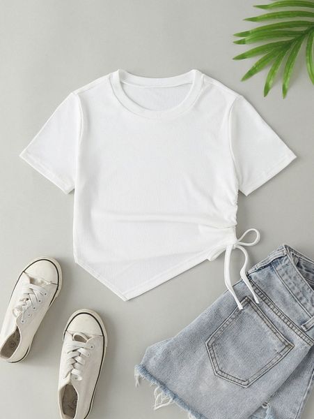

rib knit drawstring side asymmetrical hem tee j40k#, White