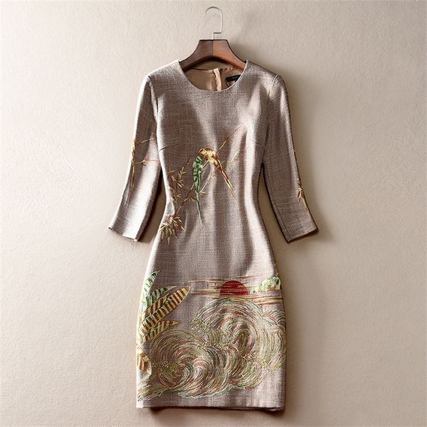 

casual dresses chinese style embroidery dress autumn round neck seven sleeve slim a-line skirt ak1000 w7ud, Black;gray