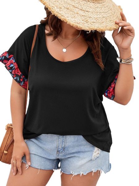 

plus floral print scoop neck tee 00fh#, Black