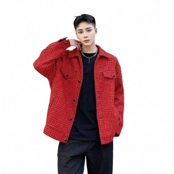

men's jackets male korean streetwear coat woven shiny silk woolen jacket men vintagte french vintage fashion chic loose casual red 1305, Black;brown