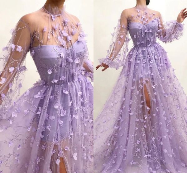 

elegant lilac floral see through evening dress v neck long sleeve floor length prom formal dresses side slit party gowns robe de soiree 2022, Black;red