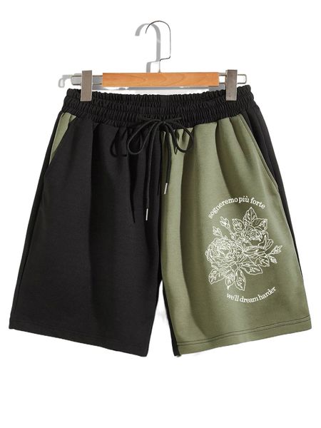 

men color block floral & slogan graphic shorts q9sy#, White;black