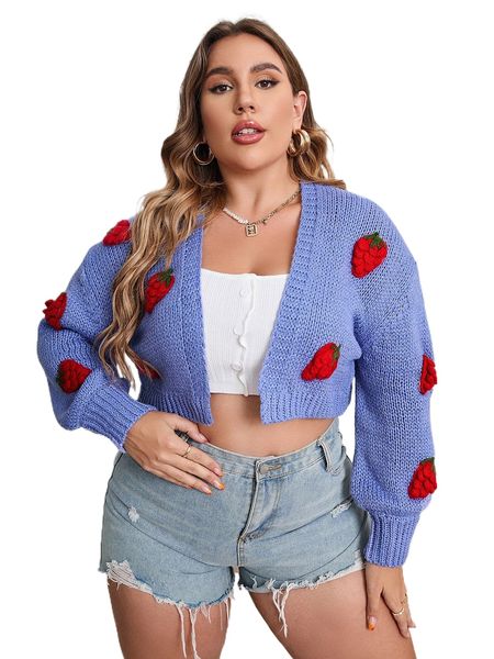 

plus strawberry appliques lantern sleeve cardigan o4ac#, Black