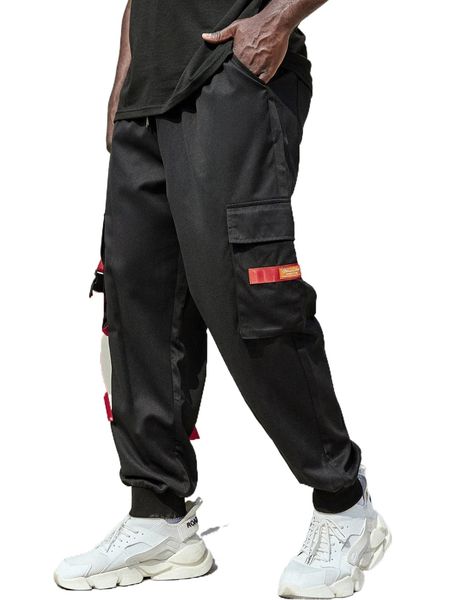 

extended sizes men letter patched flap pocket pants 04yg#, Black