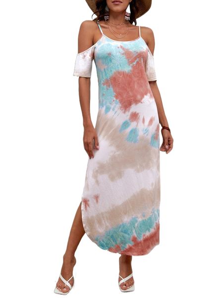 

tie dye cold shoulder split hem dress o7mi#, Black;gray