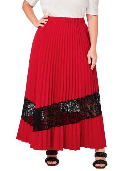 

plus lace panel pleated skirt t4ey#, Black