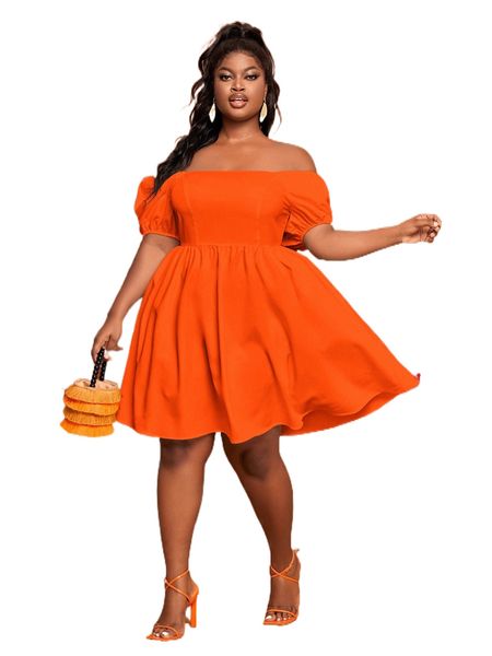 

plus off shoulder puff sleeve dress f7np#, Black