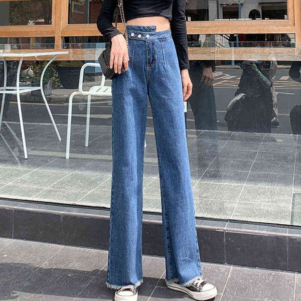 

high-rise fringed wide-leg jeans casual blue women's straight leg pants loose all-match ladies trousers 2022 spring new t220728