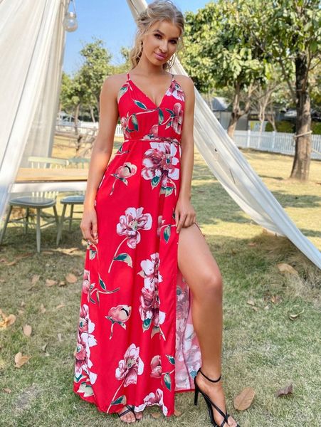 

eilly bazar crisscross tied backless wrap hem floral cami maxi dress p8hm#, Black;gray