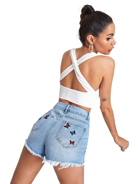 

raw hem butterfly embroidery denim shorts w4s6#, White;black