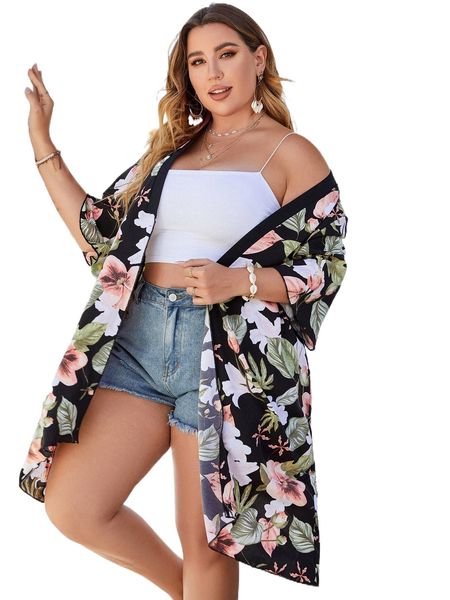 

plus tropical print kimono m71x#, Black;gray