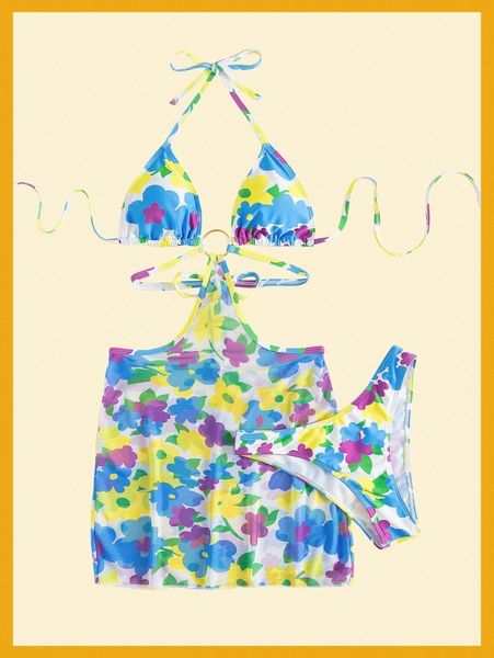 

allover floral print tie back halter cover up & bikini bottom u66b#, White;black