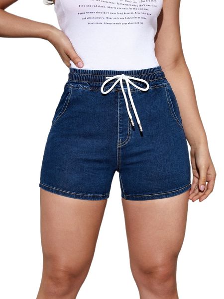 

high waist drawstring straight leg denim shorts m8tm#, White;black