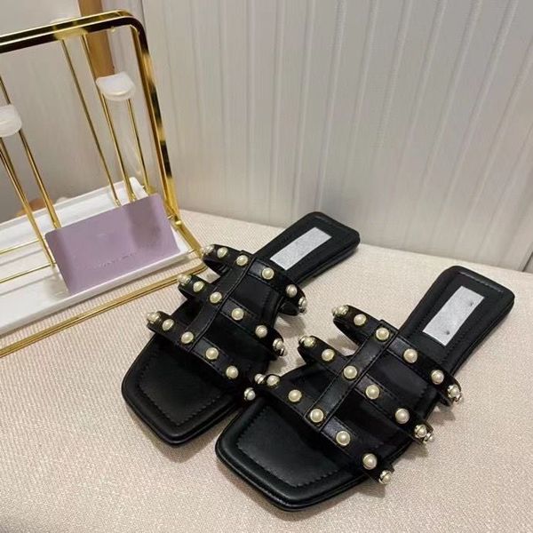 

black slippers cutout mesh hazal flat pearl studs slides luxury designer sandals slippers motif fashion leather