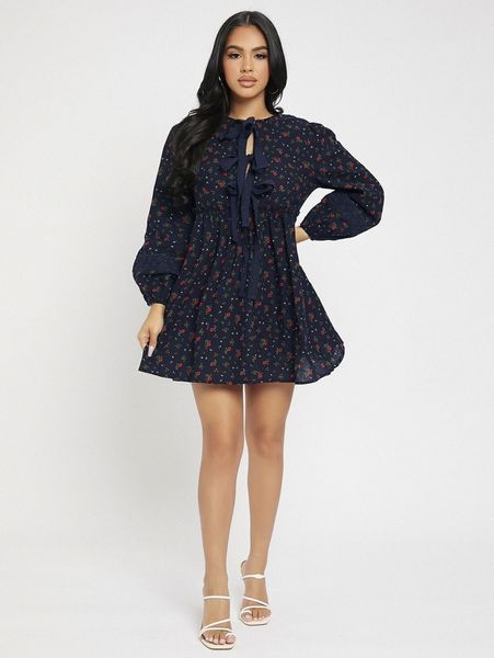 

petite tie front ditsy floral print bishop sleeve dress s41a#, Black;gray