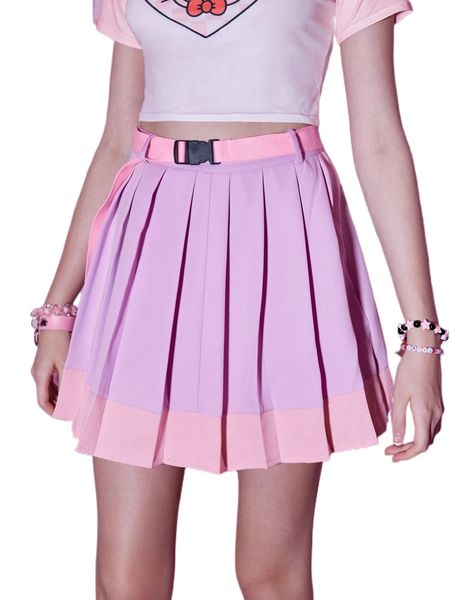 

romwe anime two tone pleated skirt with buckled belt h0yc#, Black