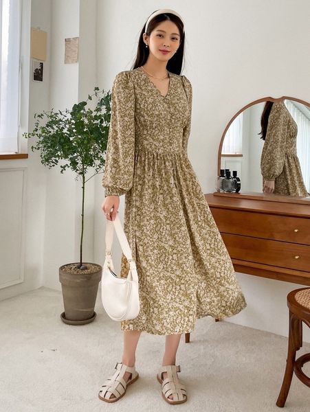 

dazy ditsy floral lantern sleeve button front dress z4j0#, Black;gray