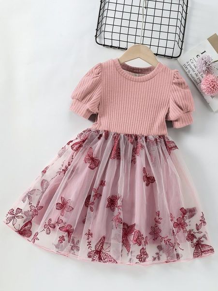 

little girl's butterfly and flower embroidery mesh edge dress she, Red;yellow