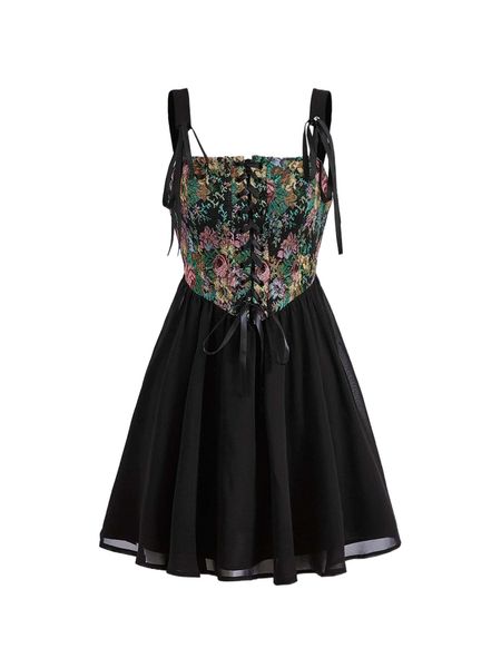 

mod floral print lace up front cami dress 567y#, Black;gray