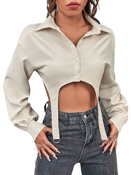 

drop shoulder garter hem crop shirt h1ko#, White