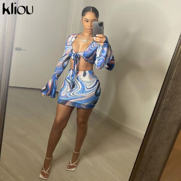 

bow lace print sheath women two piece sets 2021 flare sleeve v-neck female mesh ruched clubwear outfits, White