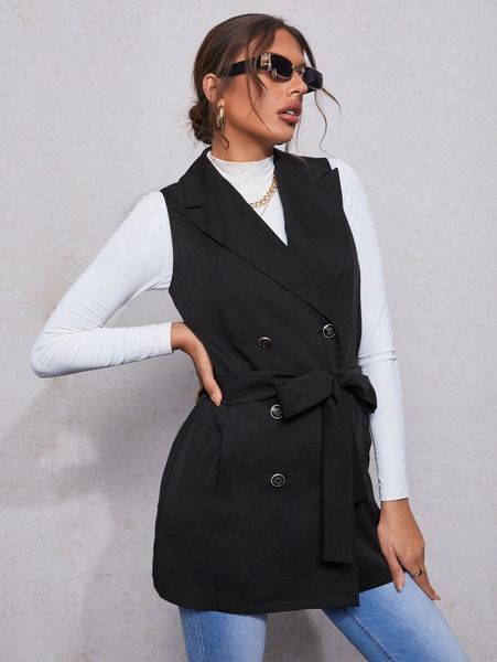 

double breasted sleeveless belted blazer without tee n7jf#, White