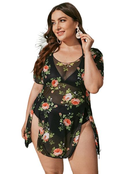 

plus 3pack floral print -slit hem bikini swimsuit n4m4#, White;black