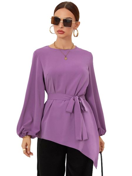 

asymmetrical hem bishop sleeve belted blouse n4vh#, White