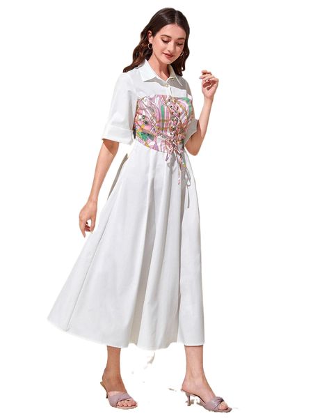 

modely chain graphic print lace up front shirt dress z3gw#, Black;gray