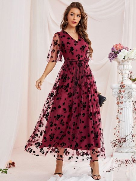 

floral print flutter sleeve belted mesh dress l9ro#, Black;gray