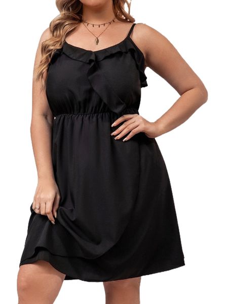 

plus ruffle trim cami dress j9jw#, Black