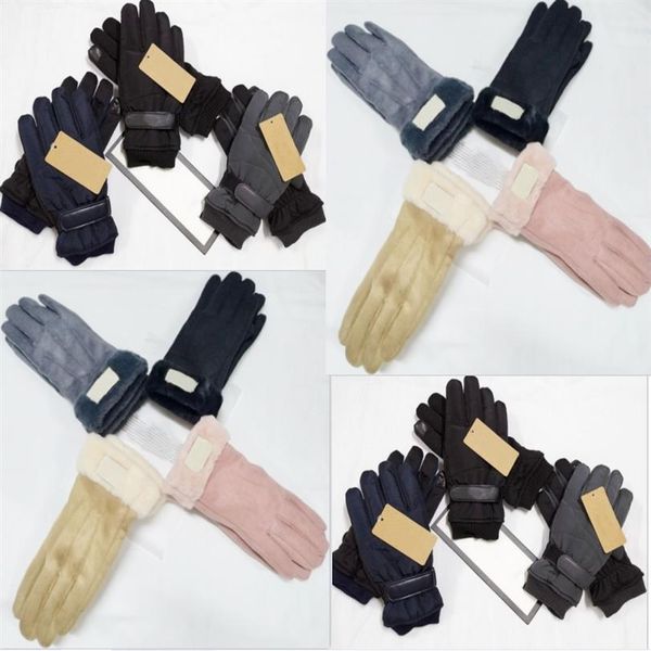 

design faux fur style gloves for women men winter outdoor warm five fingers artificial leather glove whole233h, Blue;gray