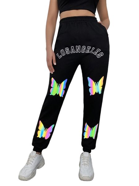 

letter and reflective butterfly print sweatpants l6gn#, Black;white