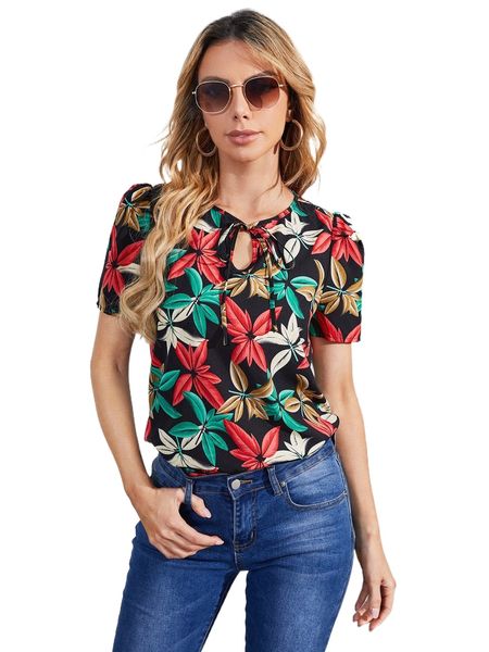 

allover leaf print tie neck puff sleeve blouse n1sd#, White