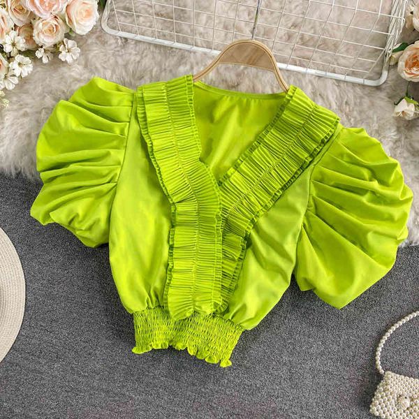 

women's blouses shirts french super fairy v-neck bubble sleeve women's 2022 summer foreign style versatile ruffle shirt wuwr, White