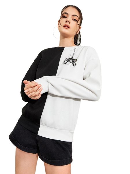 

x seda coskun colorblock graphic print drop shoulder pullover x7bv#, Black