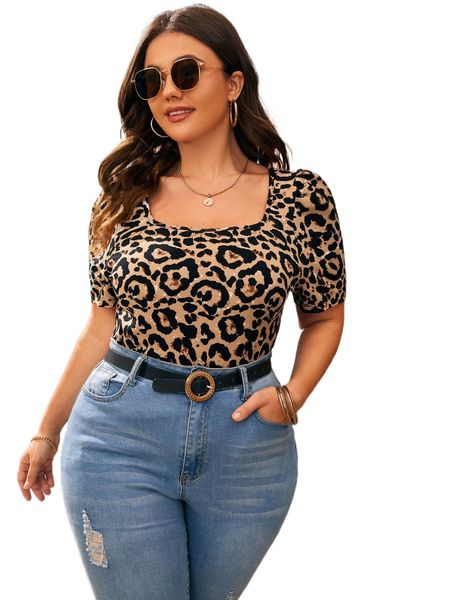 

plus leopard print square neck puff sleeve tee w8nt#, Black