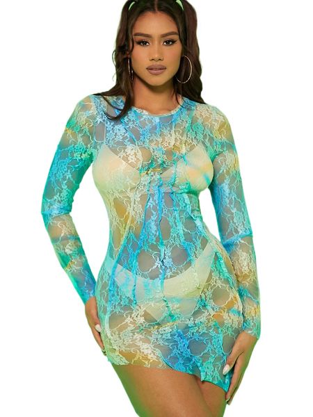 

floral lace panel semi sheer dress without lingerie set v4lg#, Black;gray