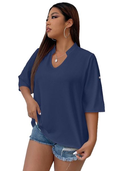 

plus notched neckline roll tap sleeve blouse 54jh#, Black