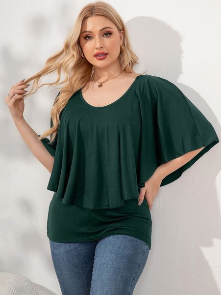 

plus solid ruffle trim tee 56so#, Black