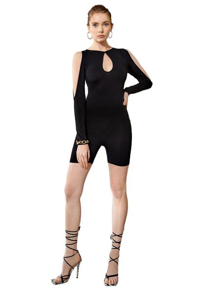 

keyhole neck cold shoulder solid unitard romper m3ir#, Black;white