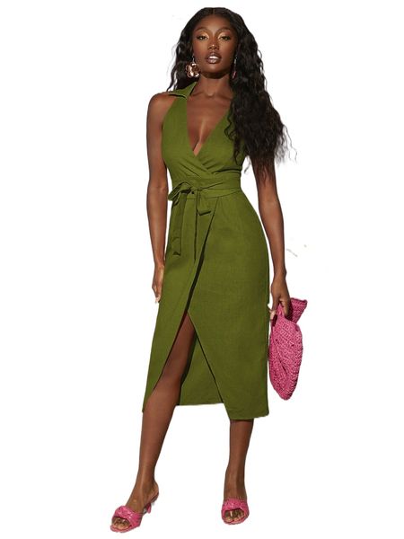 

solid wrap belted dress m6px#, Black;gray