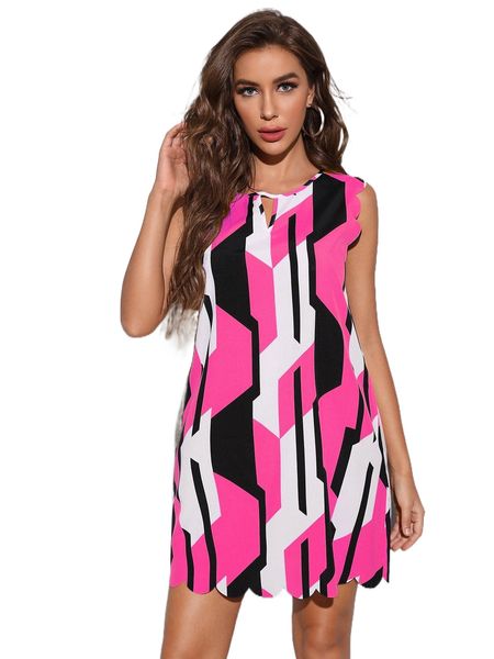 

color block keyhole neck scallop trim tunic dress j4m5#, Black;gray