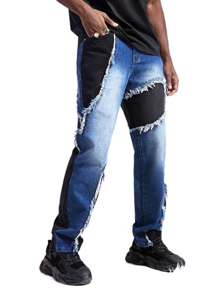 

romwe y2k revival guys colorblock distressed jeans 674s#, Blue